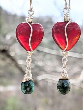 Sterling Silver Emerald Gemstone Earrings Romantic Red Glass Heart Beads
